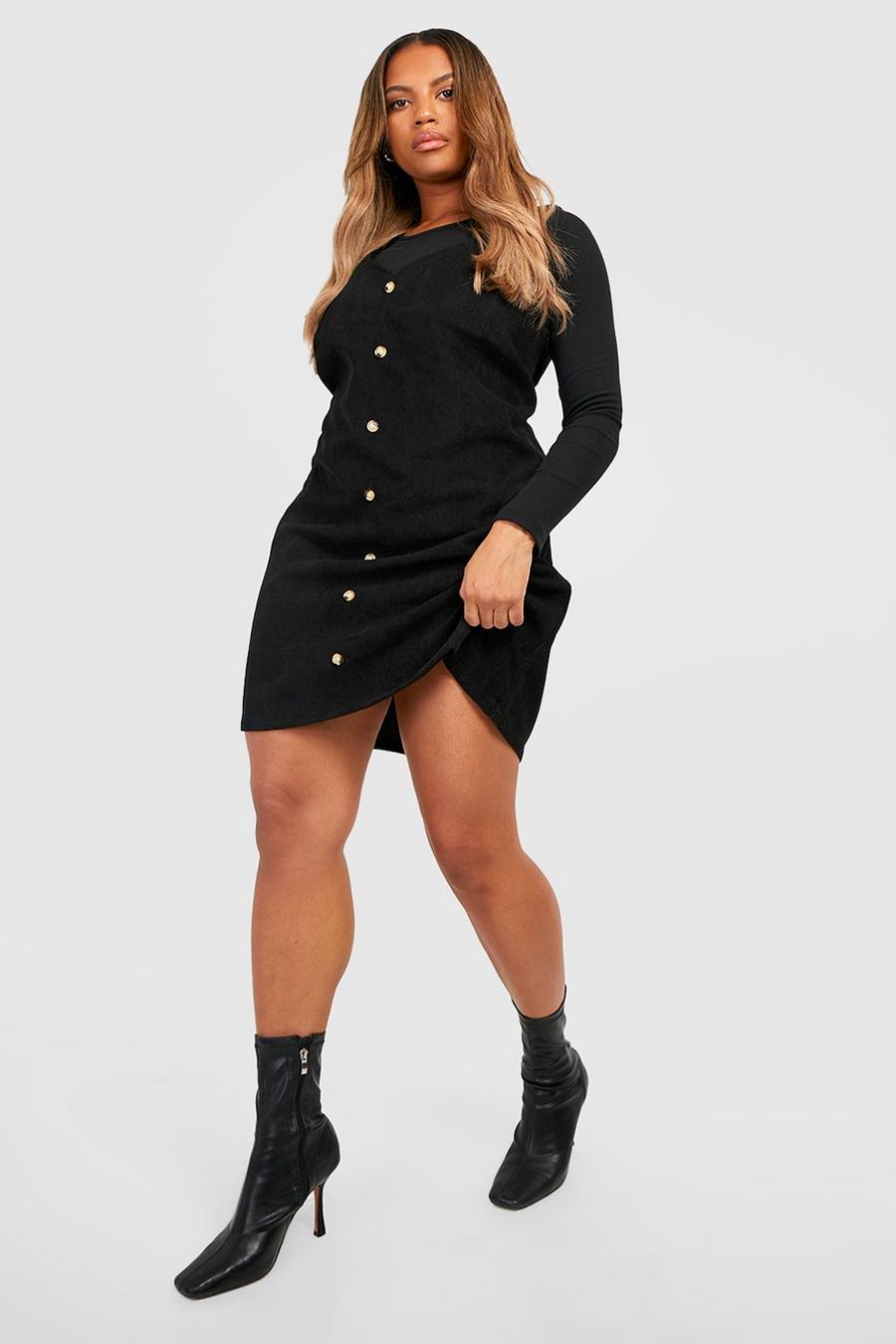Black Plus Cord Button Down Pinafore Dress image number 1