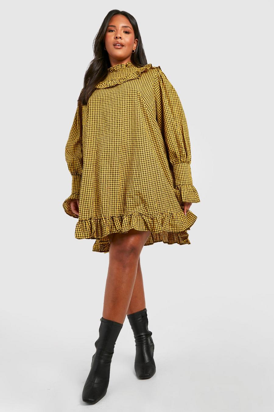 Mustard Plus Flannel Ruffle Hem High Neck Smock Dress image number 1