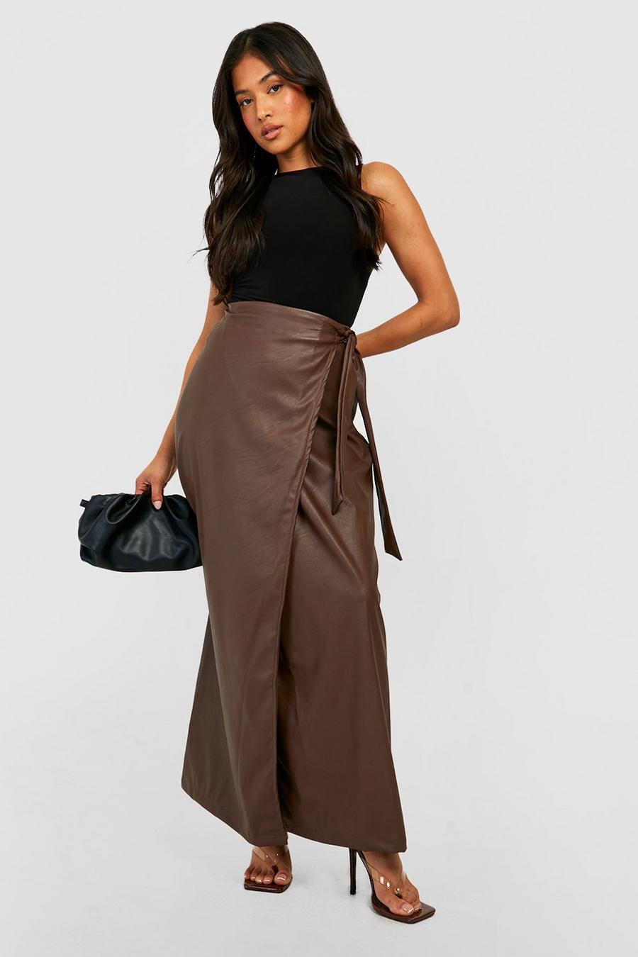 Chocolate brown Petite Pu Tie Wrapover Maxi Skirt image number 1