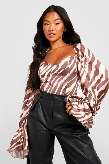 Petite Satin Zebra Print Puff Sleeve Bodysuit brown