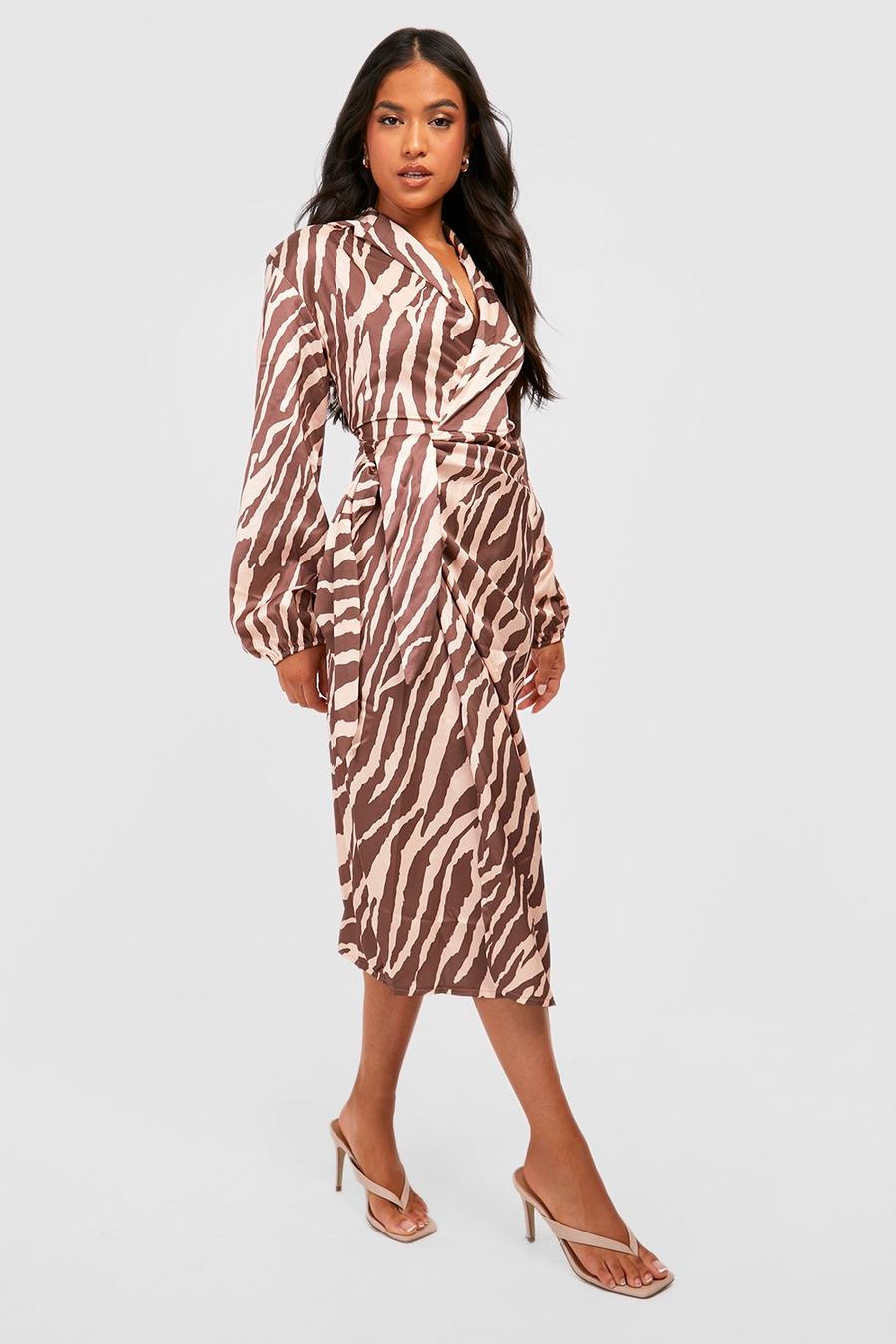 Brown Petite Zebra Print Wrap Midi Dress image number 1