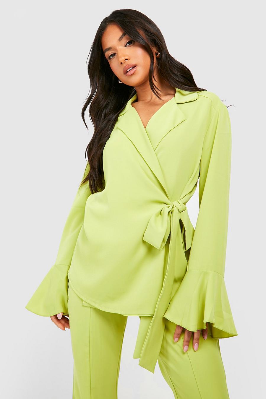 Lime Petite Woven Wrap Cuff Detail Blouse image number 1