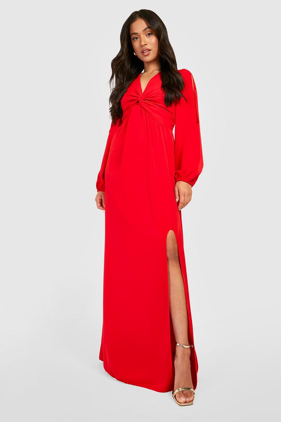 Red Petite Twist Front Long Sleeve Maxi Dress  image number 1