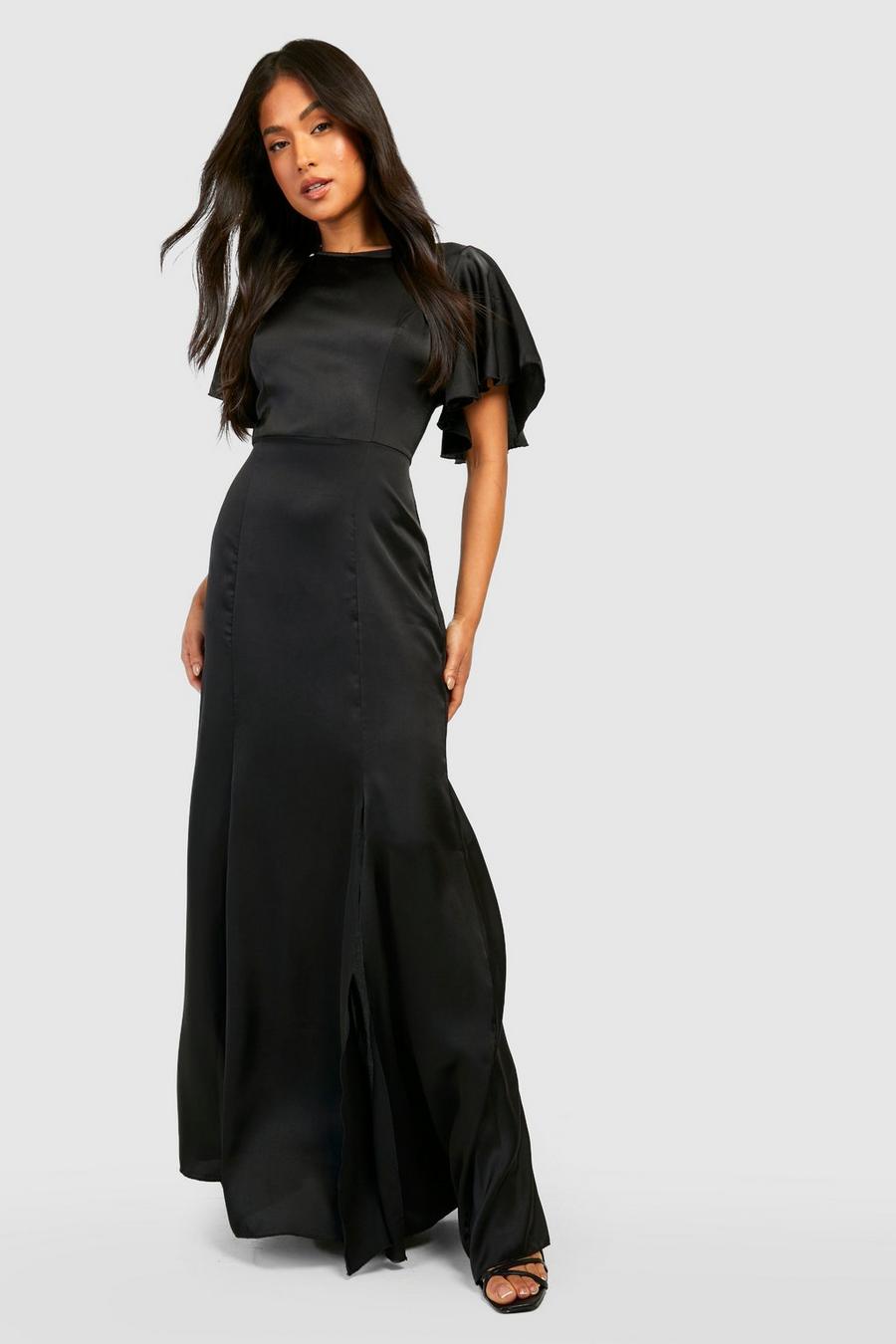 Black Petite Occasion Satin Angel Sleeve Maxi Dress image number 1