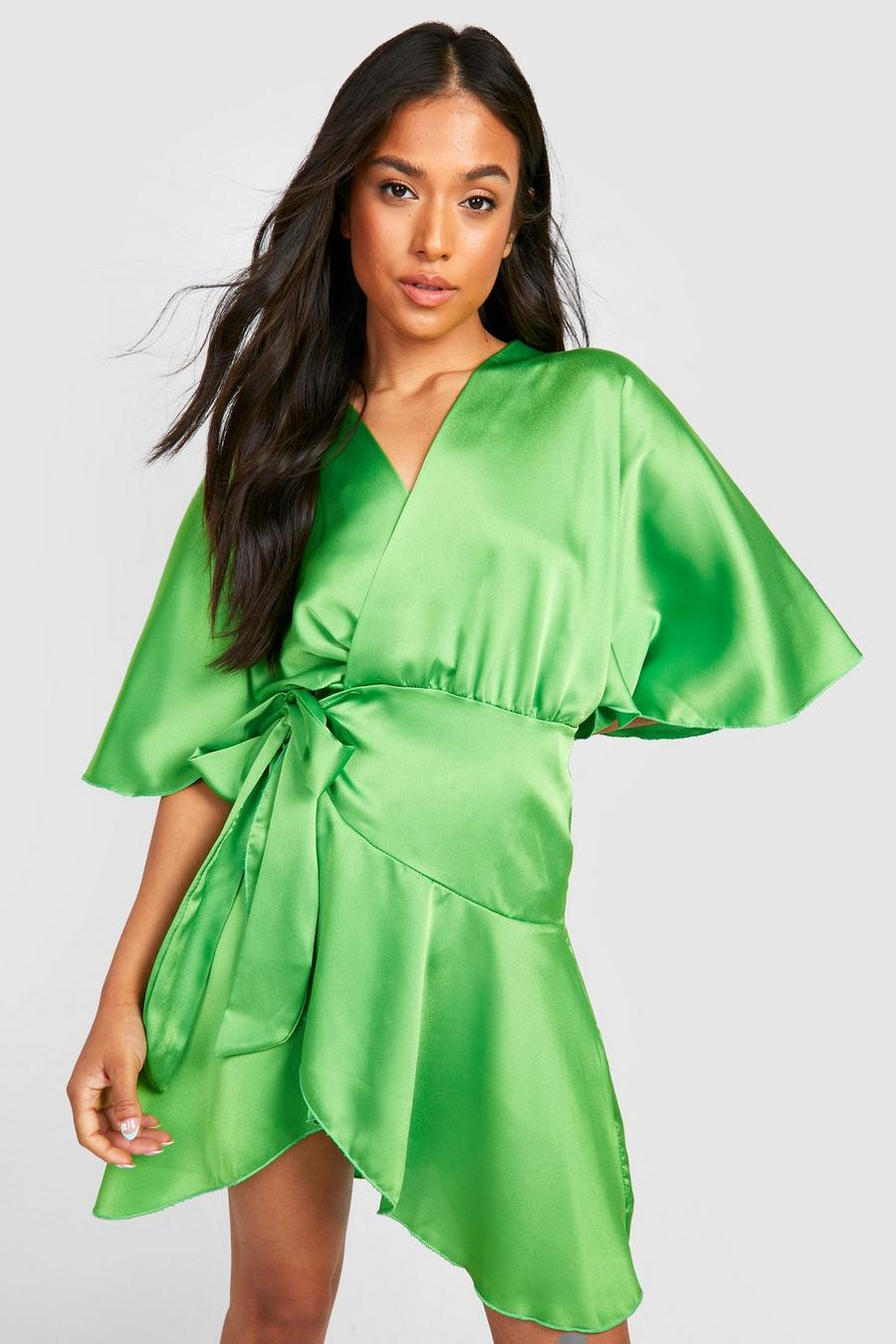 Lime green Petite Satin Ruffle Wrap Dress