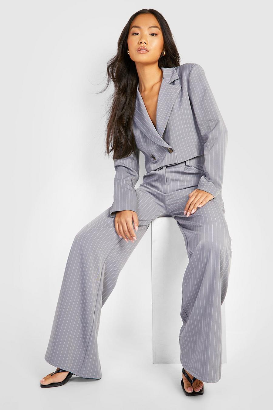 Grey Petite Woven Pinstripe Wide Leg Trousers image number 1