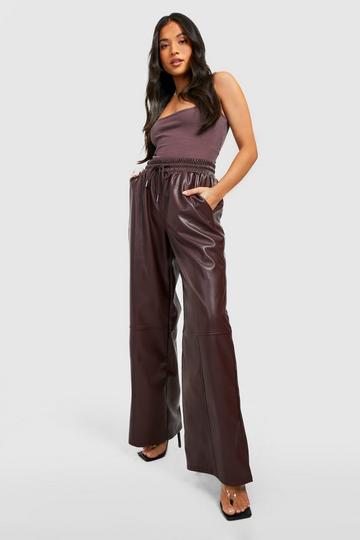 Petite Pu Straight Leg Side Split Hem Trouser chocolate