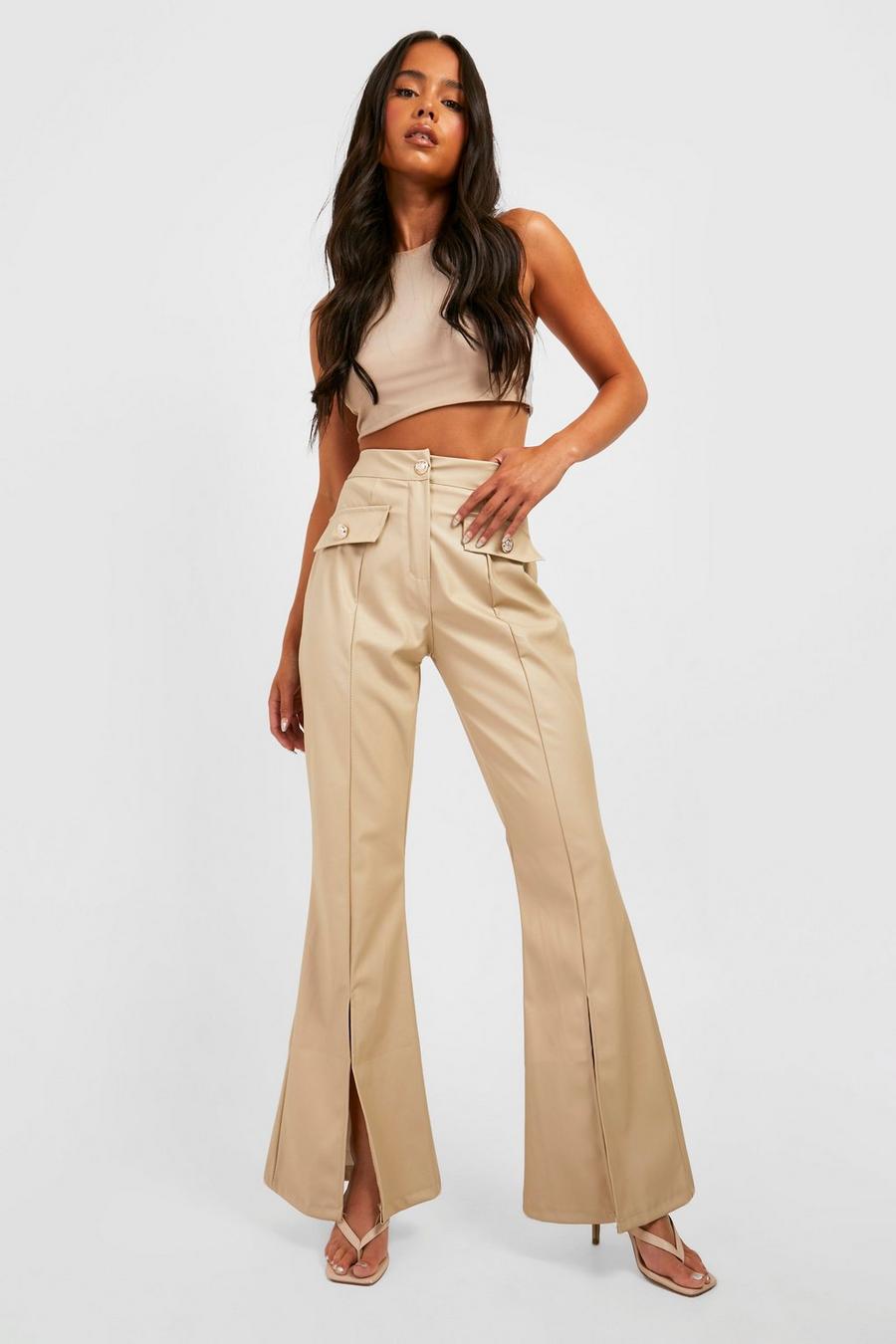 Stone Petite Pu Split Front Wide Leg Trousers image number 1