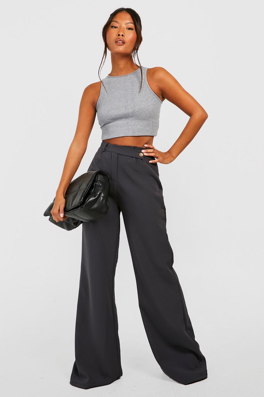 Charcoal Petite Woven Asymmetric Waistband Trousers  image number 1