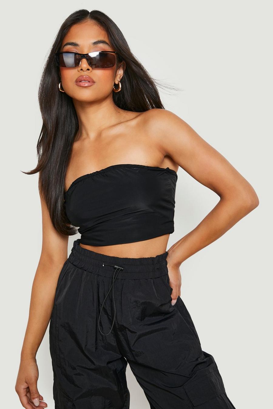 Black Petite Double Layer Slinky Bandeau Tube Top image number 1