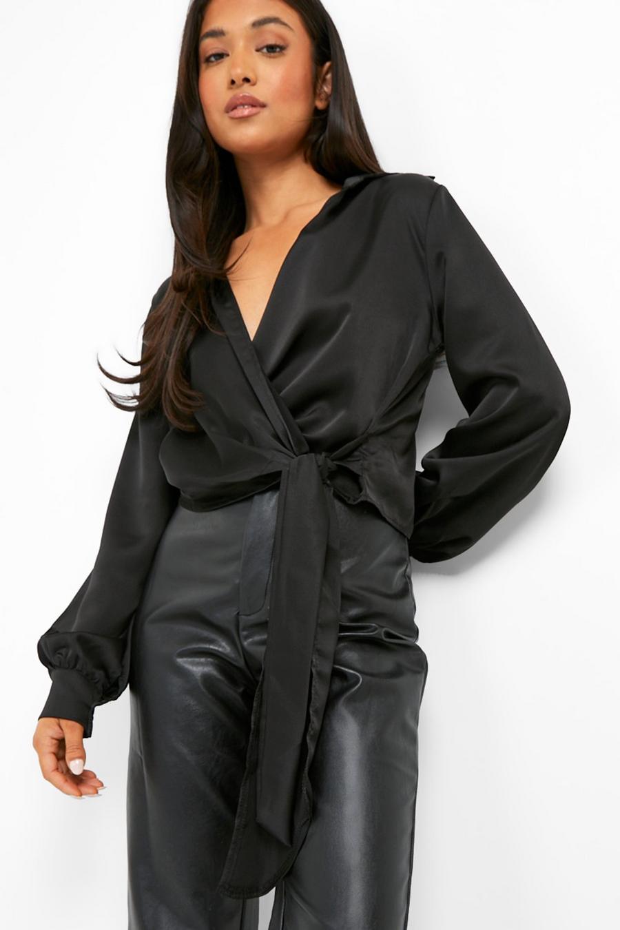 Black Petite Satin Collared Wrap Blouse image number 1