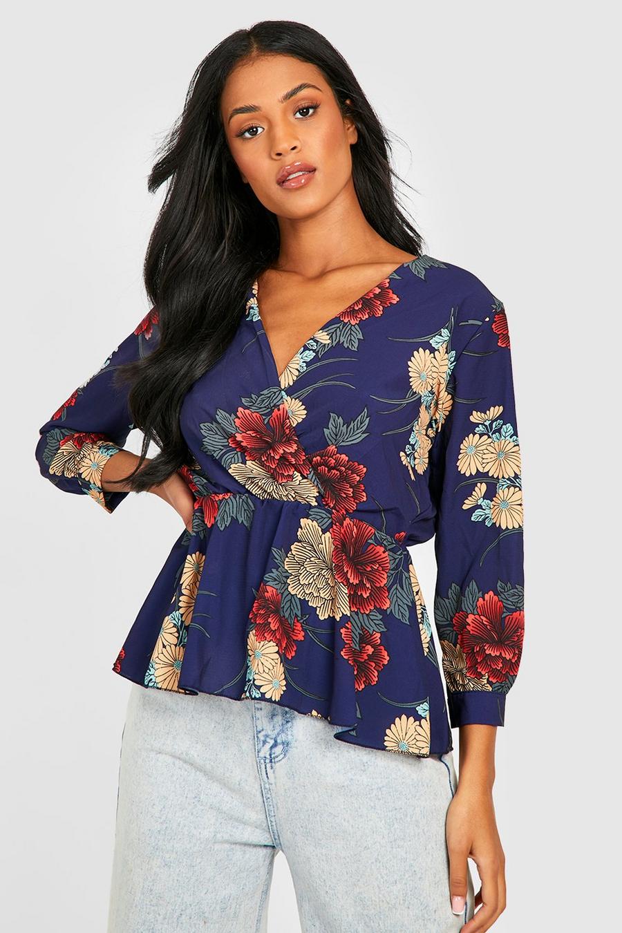 Navy Tall Floral Wrap Peplum Blouse image number 1