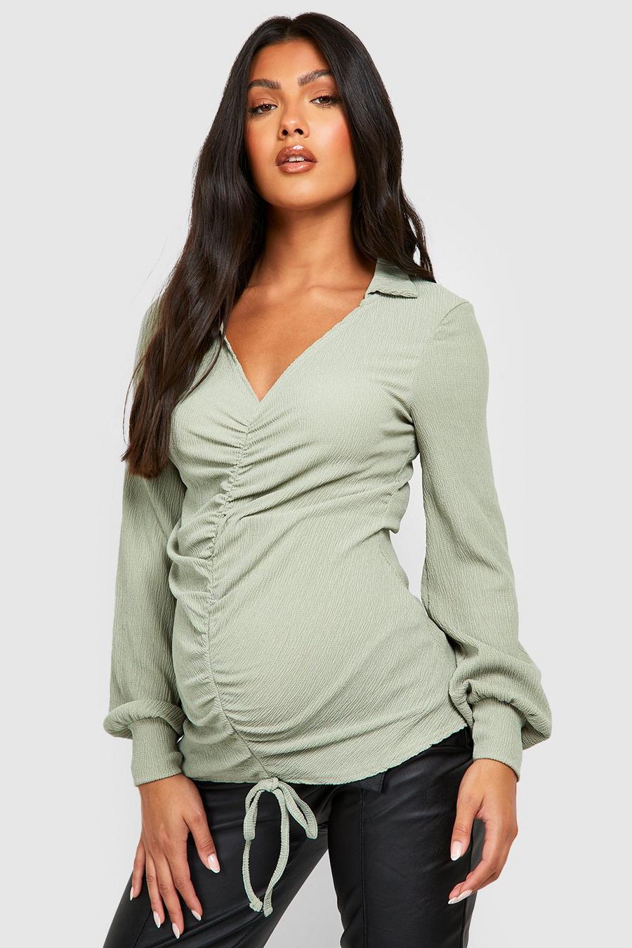 Sage Maternity Crinkle Ruched Front Shirt image number 1