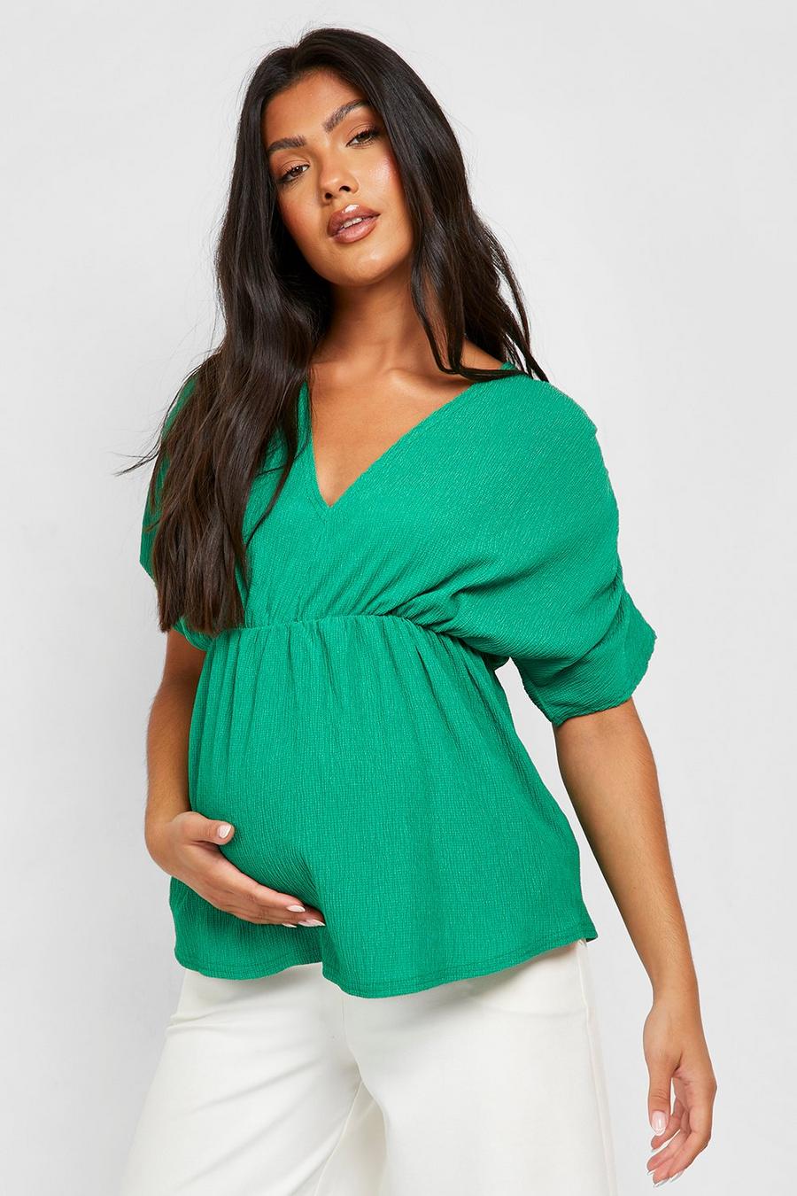 Green Maternity Crinkle Ruched Sleeve Peplum Top image number 1