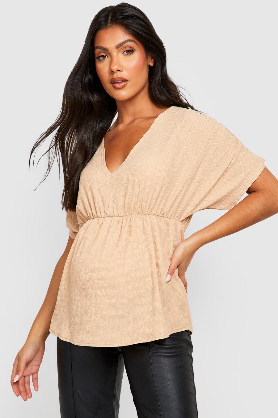 Stone Maternity Crinkle Ruched Sleeve Peplum Top image number 1