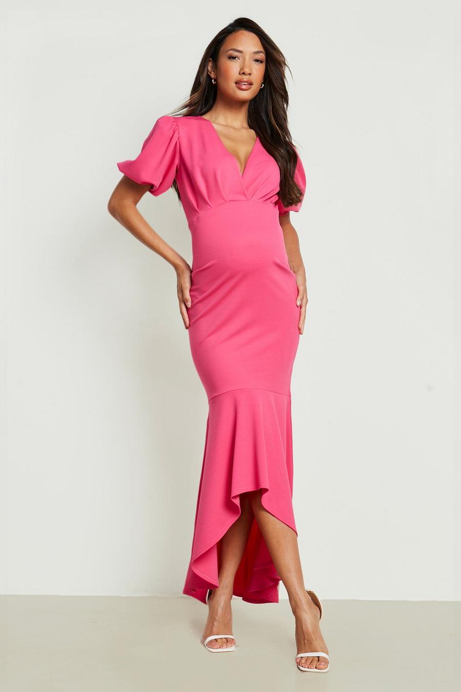 Raspberry rosa Maternity Scuba Wrap Fishtail Maxi Dress