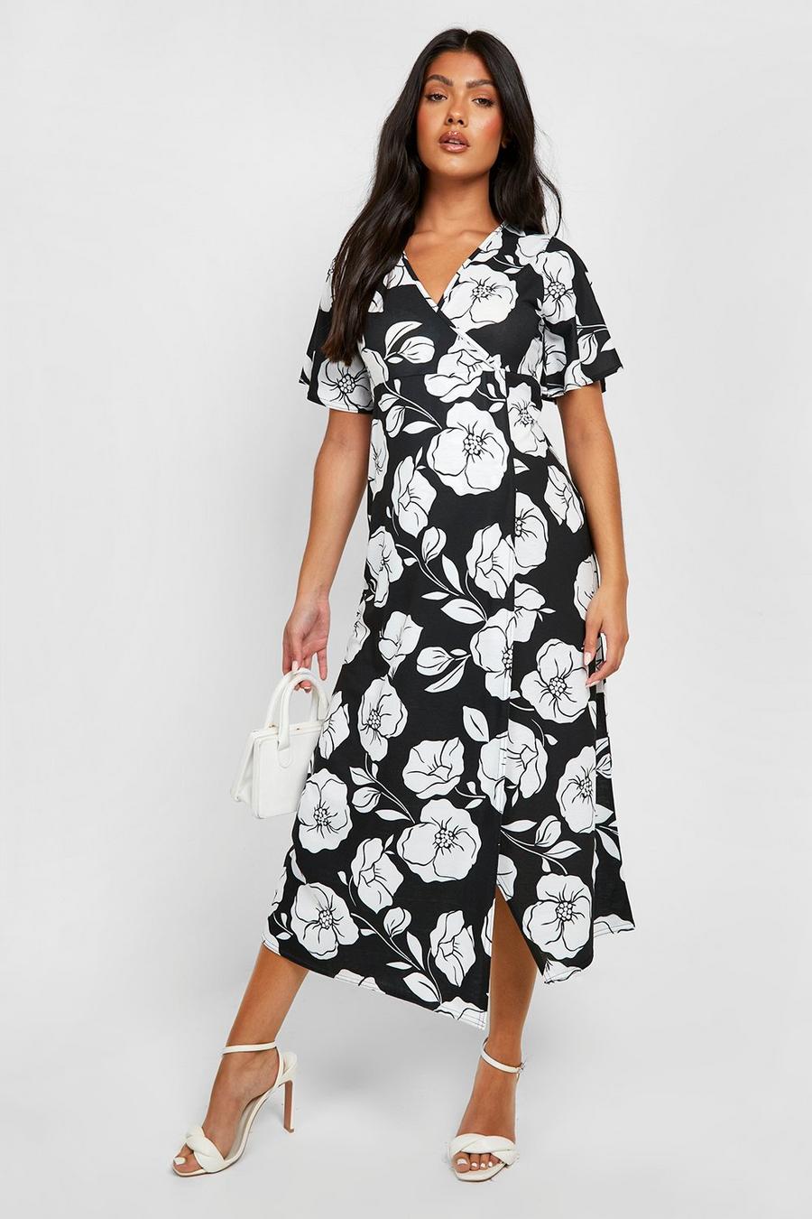 Black Maternity Floral Midi Wrap Dress image number 1