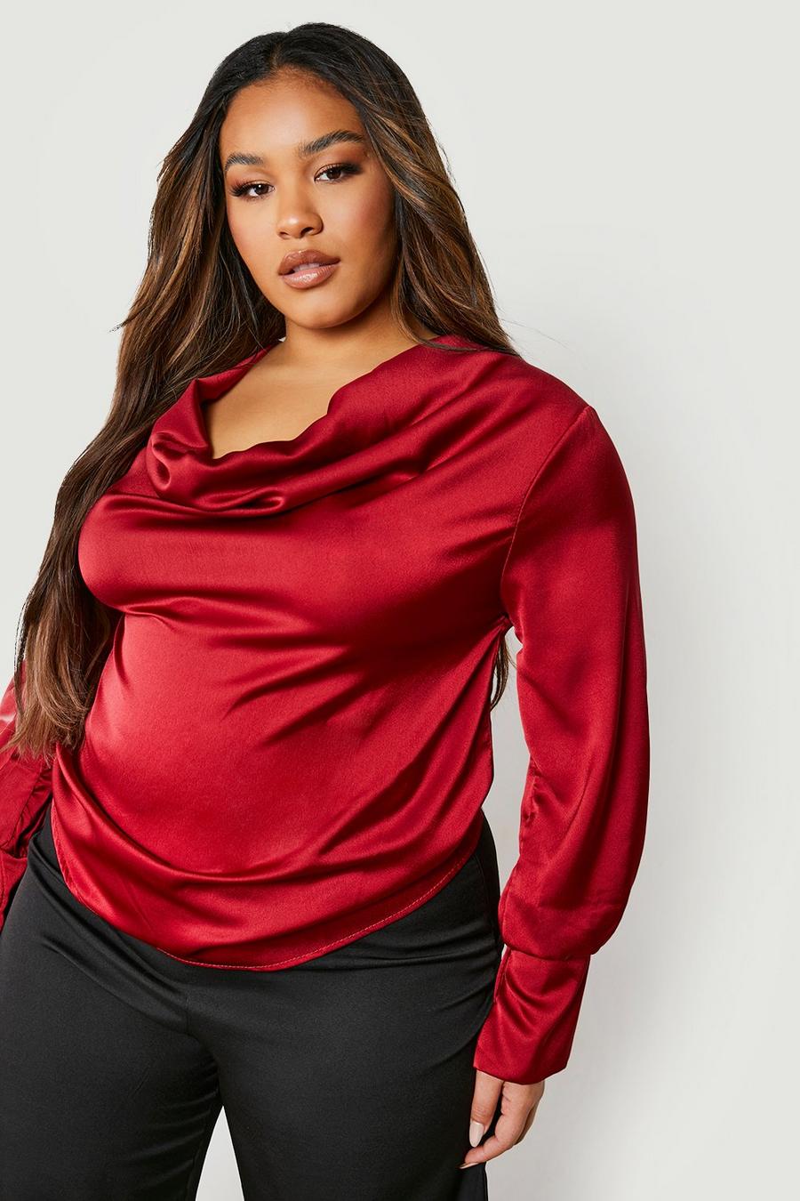 Berry rojo Plus Cowl Neck Blouse  image number 1