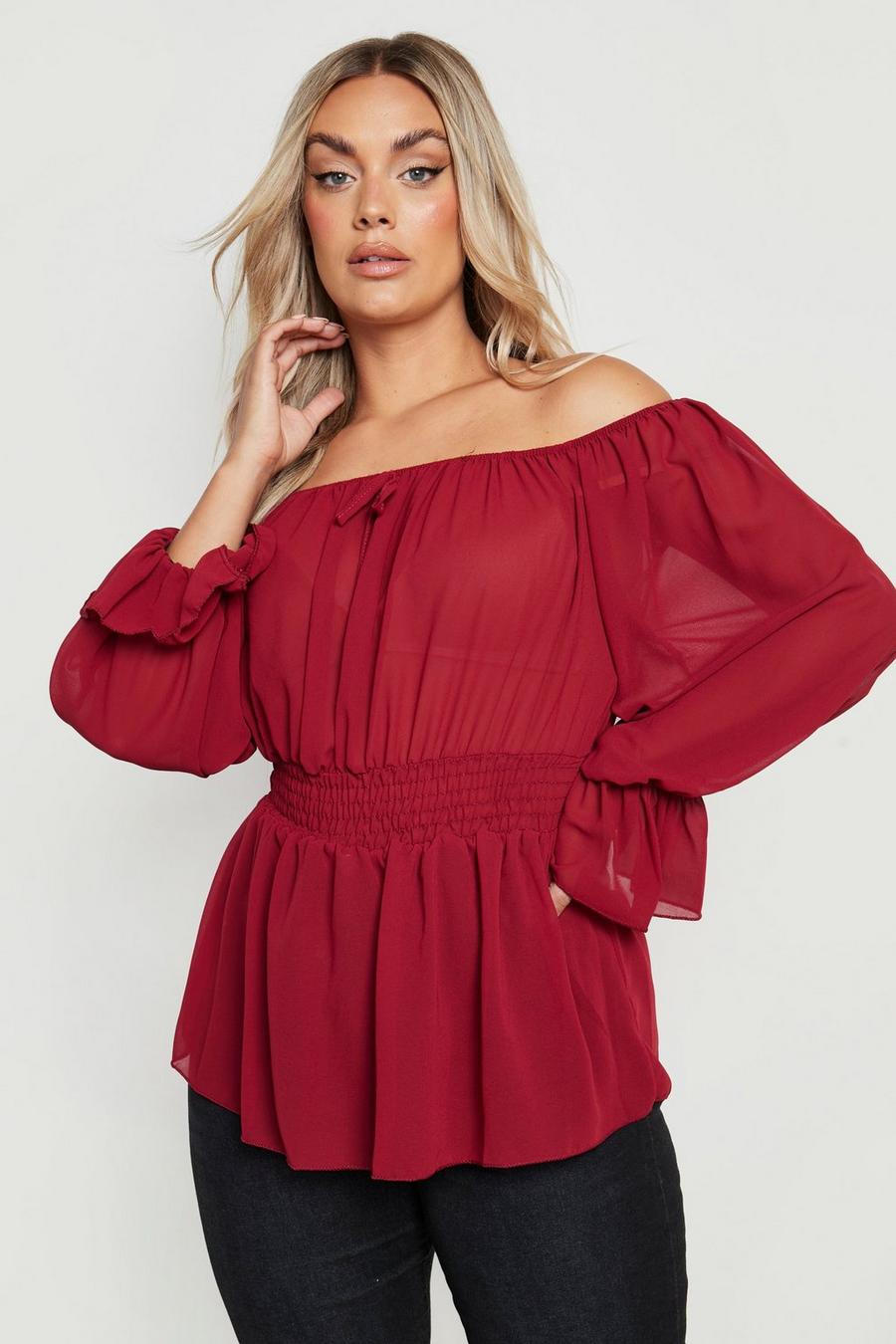 Berry red Plus Off The Shoulder Chiffon Top