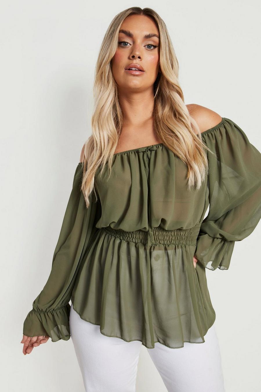 Olive green Plus Off The Shoulder Chiffon Top