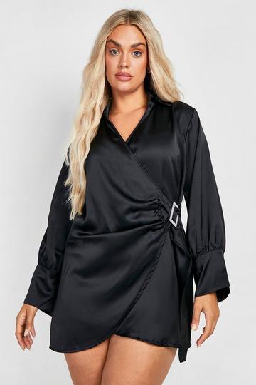 Plus Satin Diamante Wrap Shirt Dress black