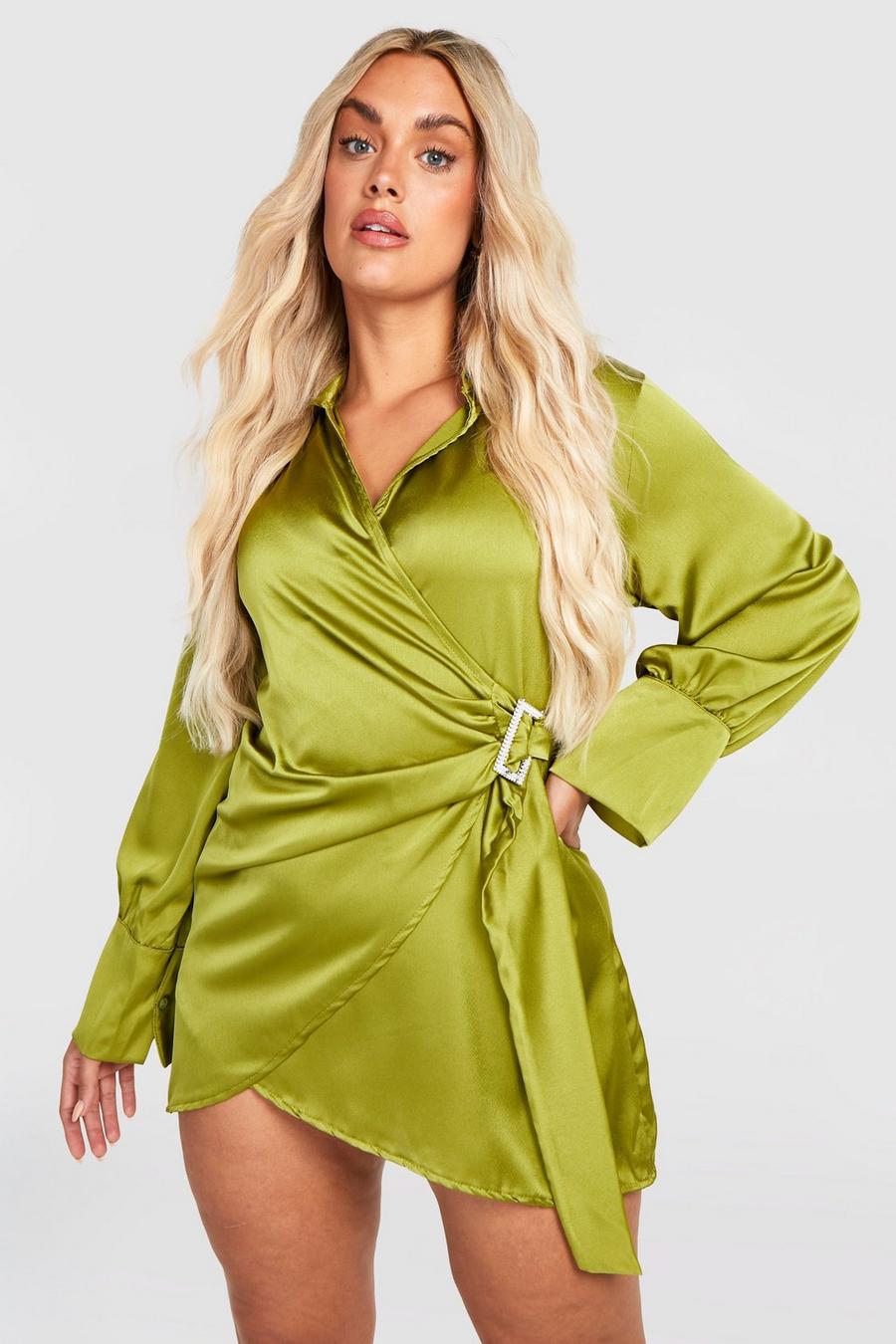 Grande taille - Robe chemise portefeuille satinée à strass, Olive vert