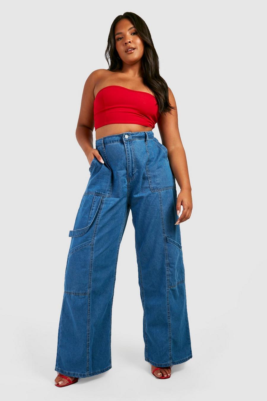 Mid wash Plus Wide Leg Cargo Jeans image number 1