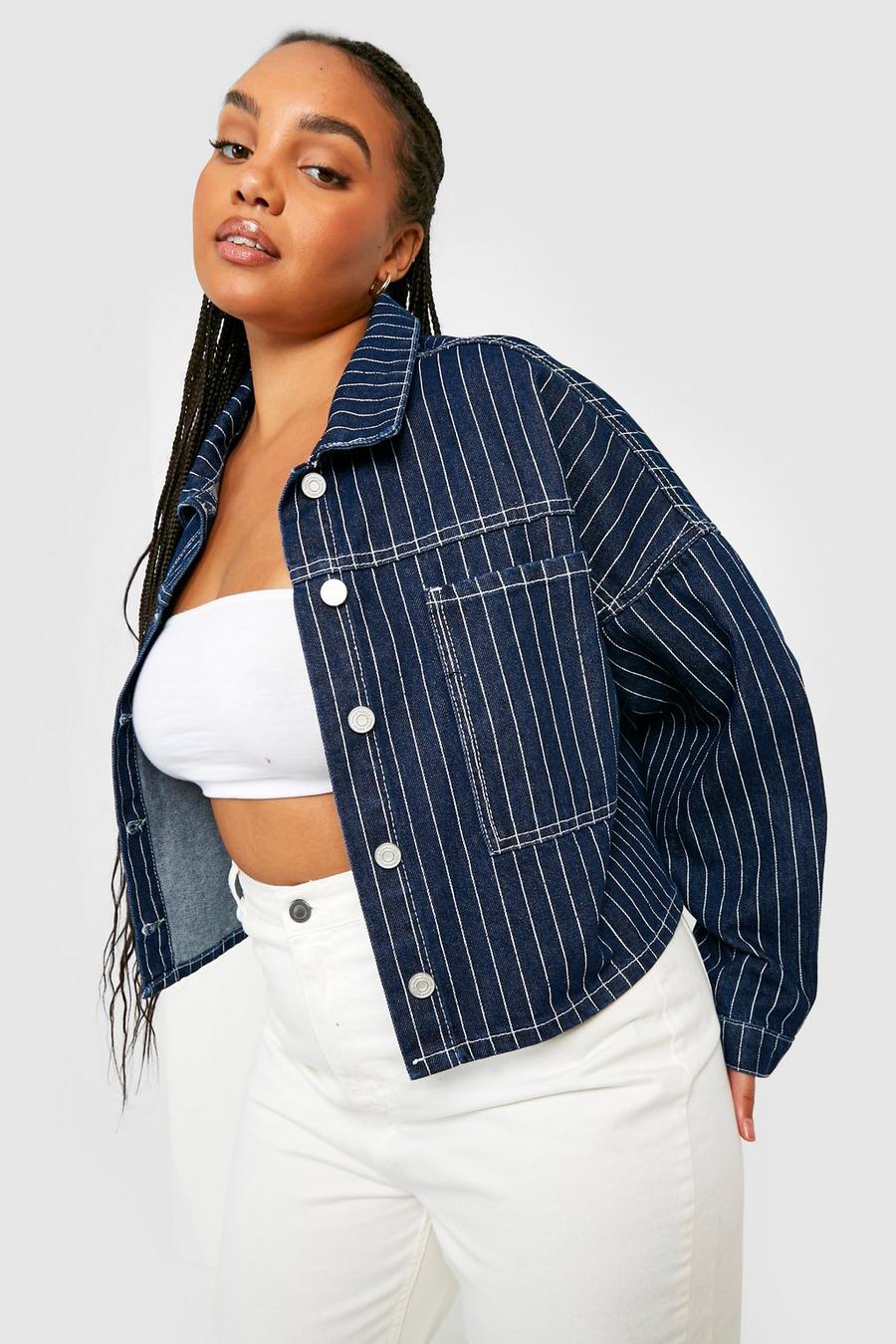 Giacca in denim Plus Size squadrata a righe verticali, Navy image number 1