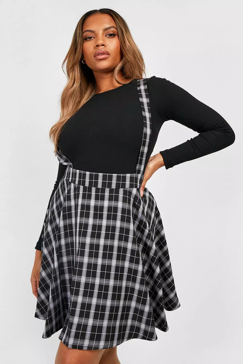 Checked pinafore hotsell dress plus size