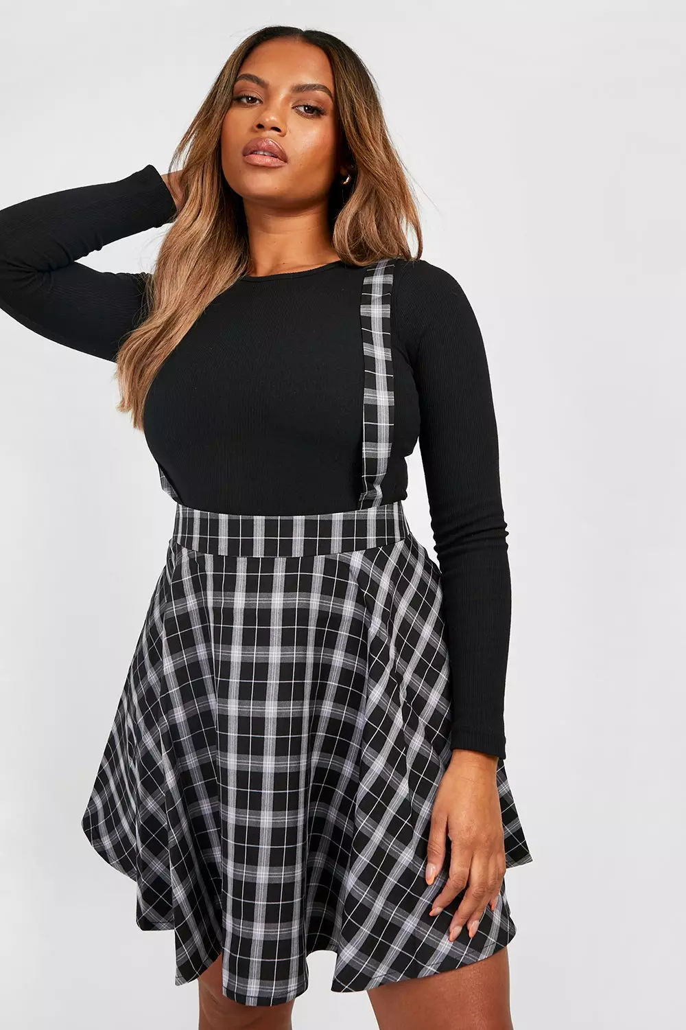 Plus checked best sale pinafore dress