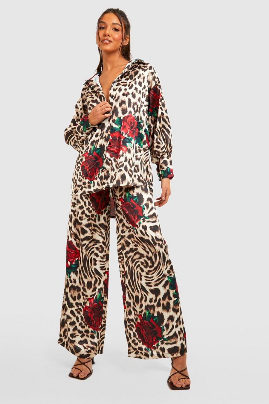 Brown Satin Leopard Rose Print Wide Leg Trouser  image number 1