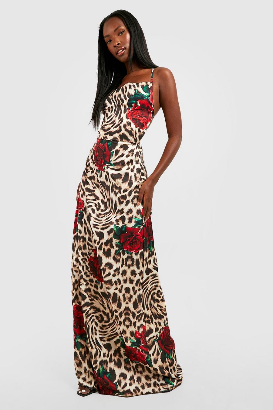 Brown Rose Satin Leopard Cowl Neck Maxi Dress image number 1