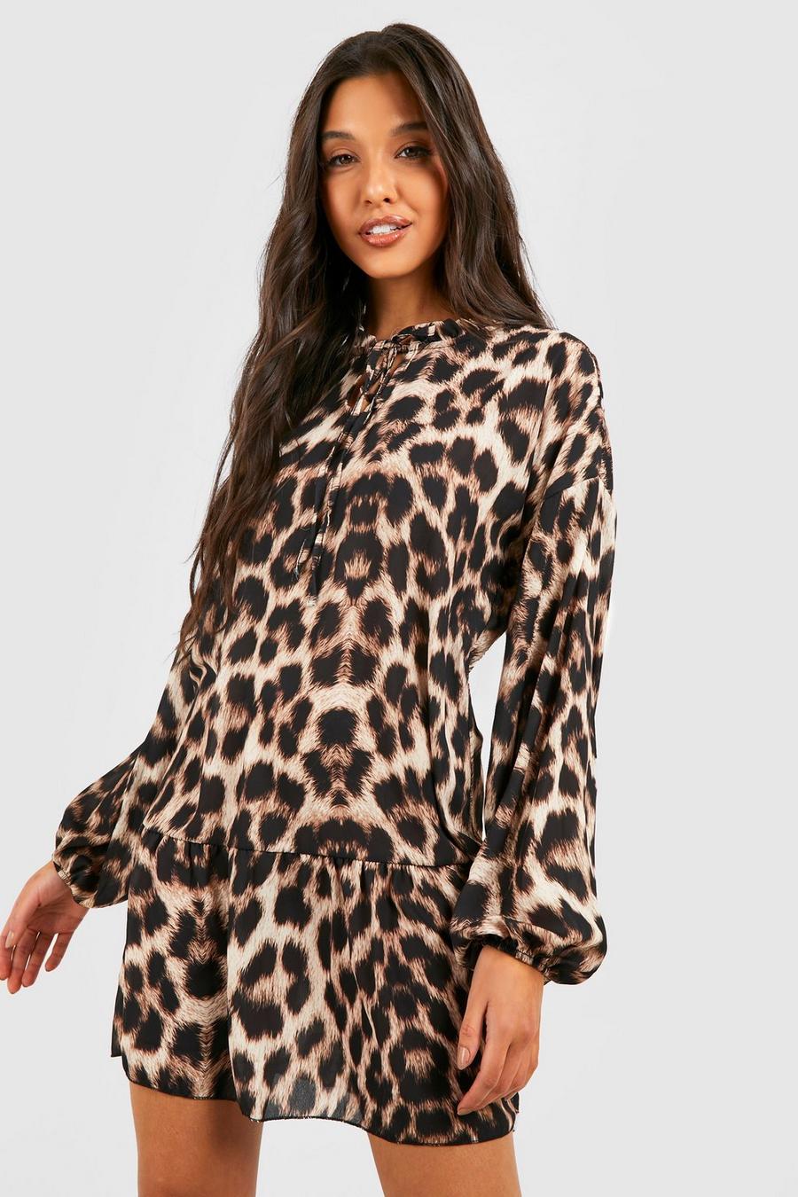 Vestido holgado con mangas de blusón y estampado de leopardo, Brown marrone