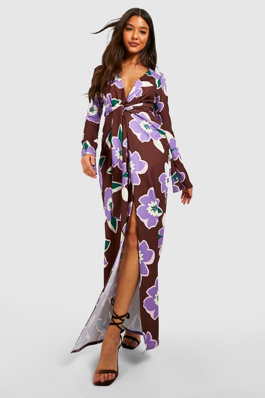 Robe longue drapée à imprimé floral, Chocolate marron