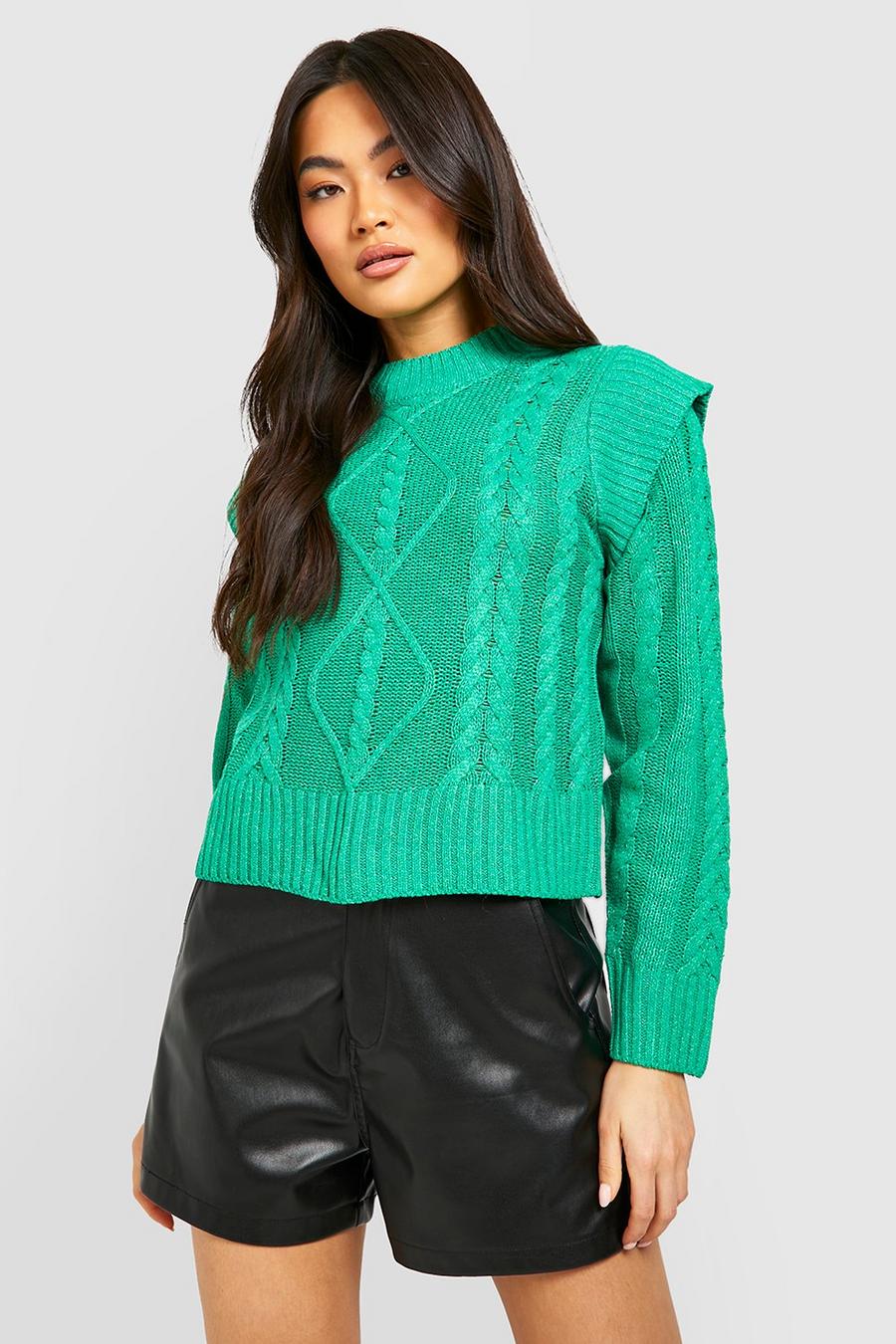 Green Shoulder Detail Cable Knit Crop Sweater image number 1