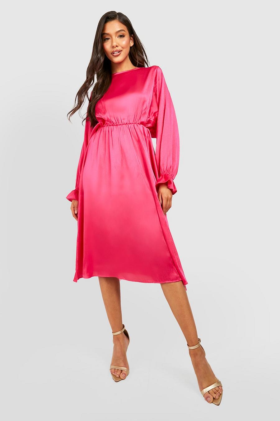 Pink Satin Batwing Midi Dress