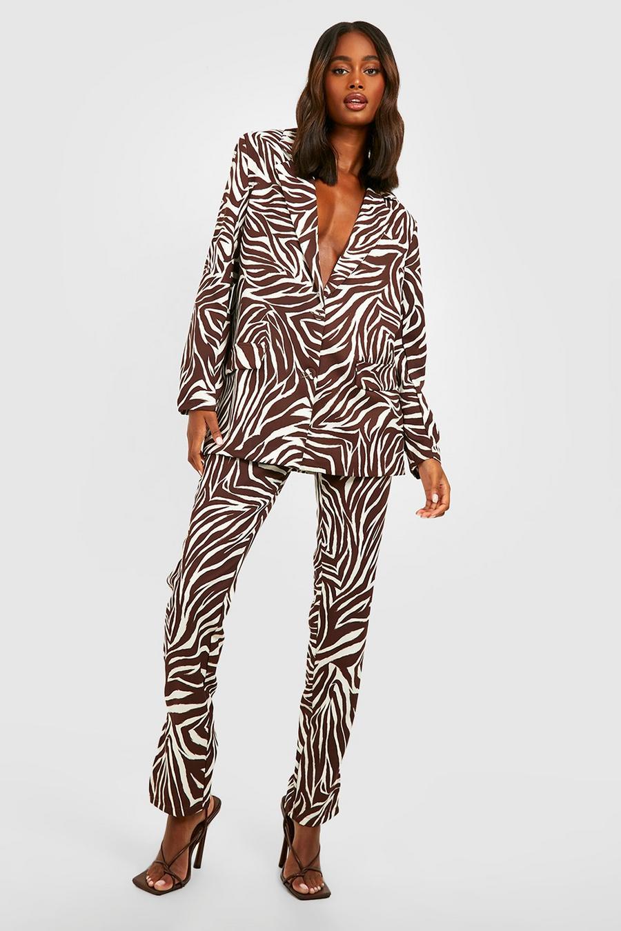 Chocolate Tonal Zebra Print Relaxed Fit Blazer image number 1