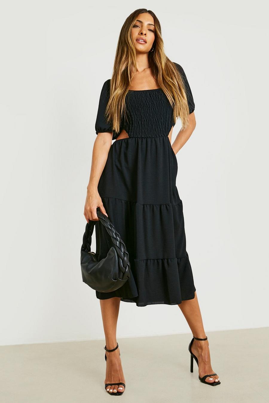 Black Woven Puff Sleeve Cut Out Midi Dress image number 1