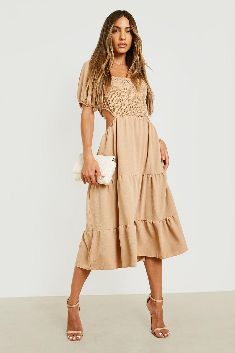 Stone Woven Puff Sleeve Cut Out Midi Dress image number 1
