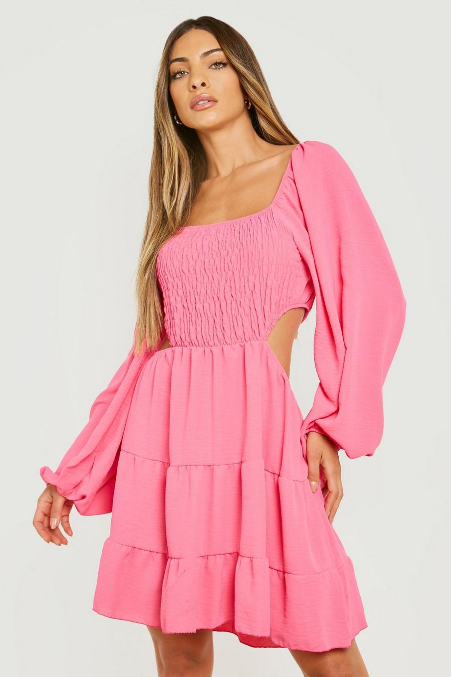 Hot pink rosa Woven Long Sleeve Cut Out Smock Dress