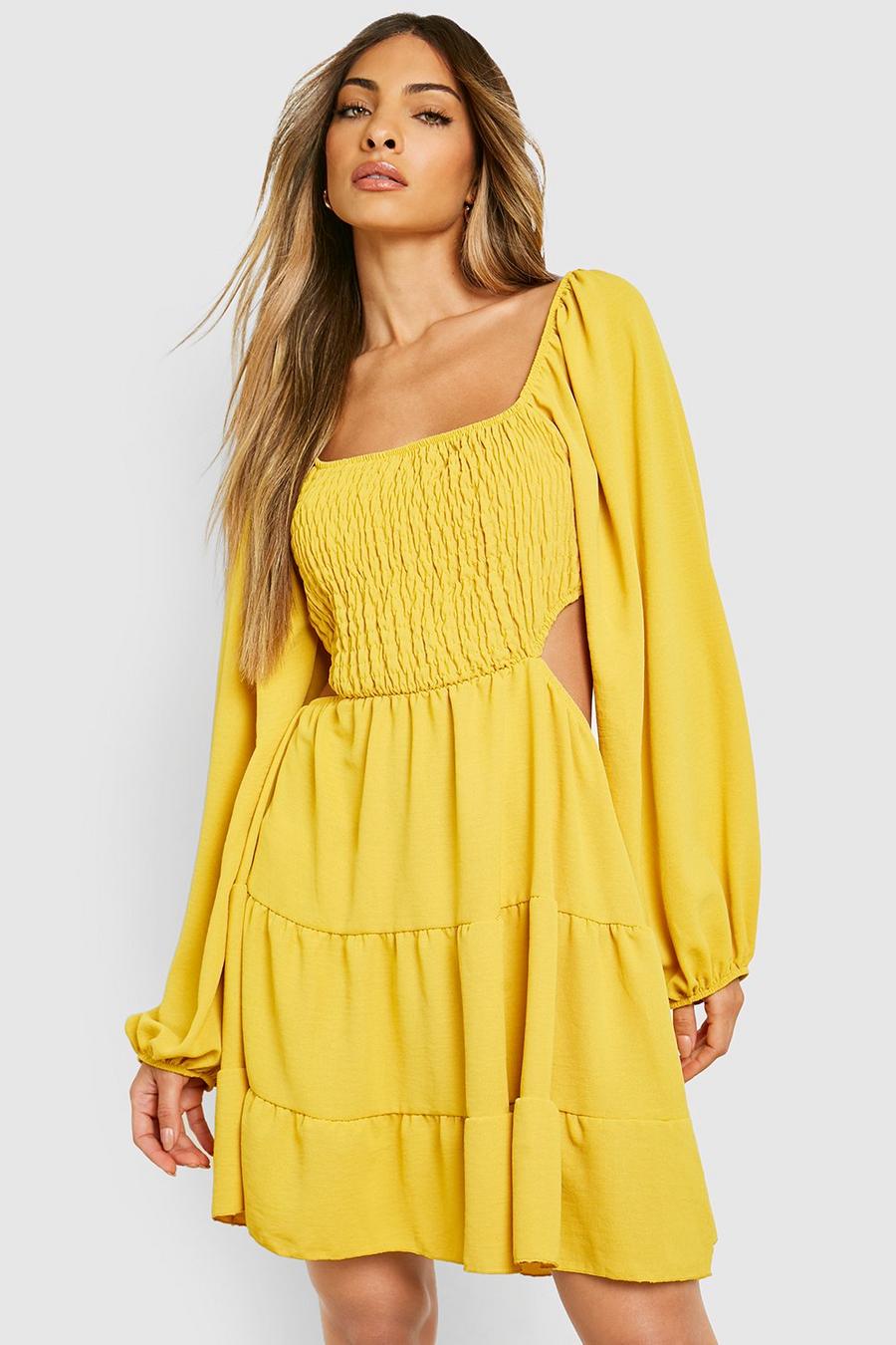 Mustard yellow Woven Long Sleeve Cut Out Smock Dress