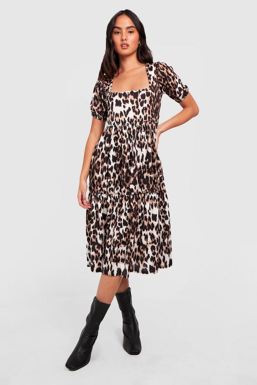 Brown Textured Leopard Tiered Midi Dress image number 1