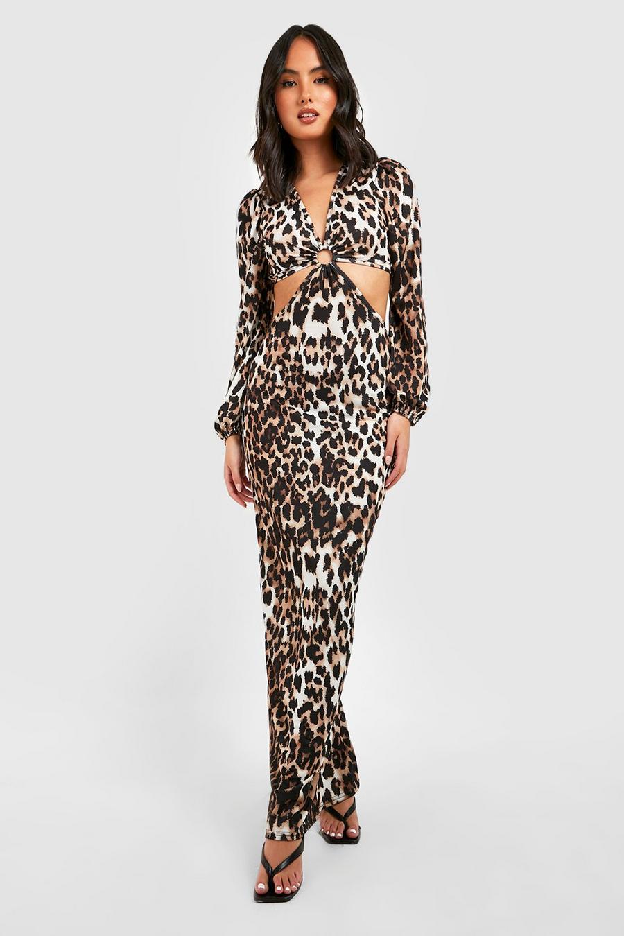 Robe longue texturée à découpes et imprimé léopard, Brown