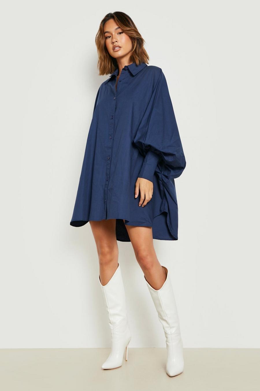 Navy Oversized Batwing Balloon Sleeve Shirt Dres image number 1