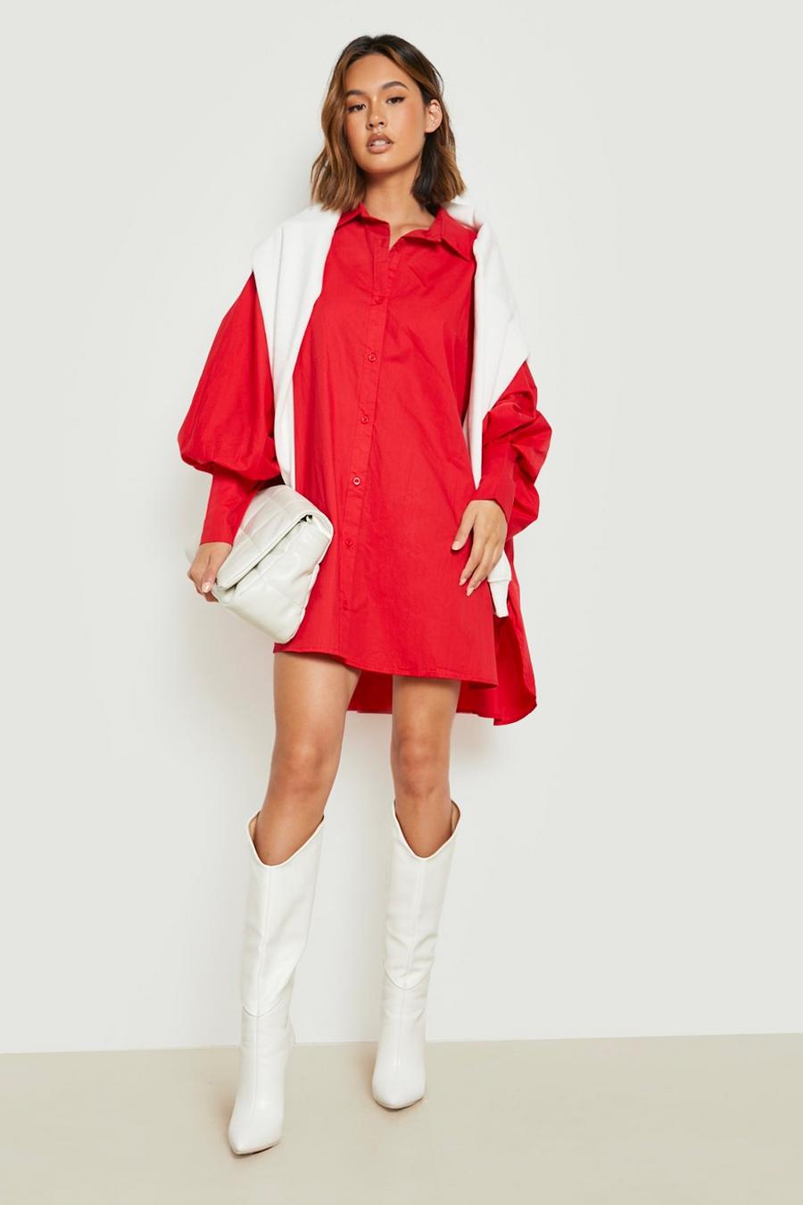 Red Oversized Batwing Balloon Sleeve Shirt Dres image number 1