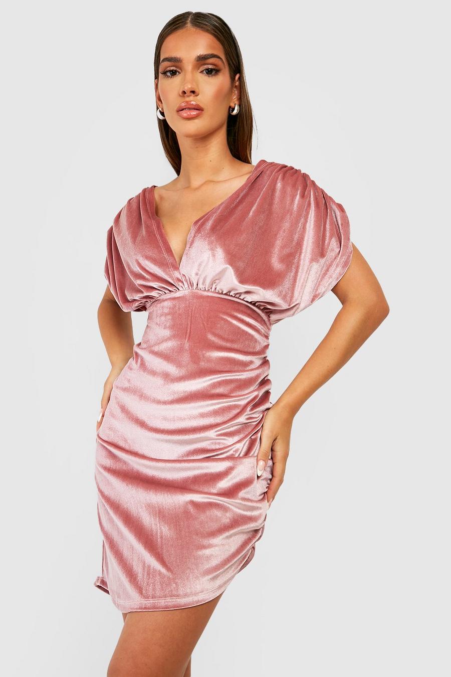 Robe mi-longue décolletée en velours, Bright pink image number 1
