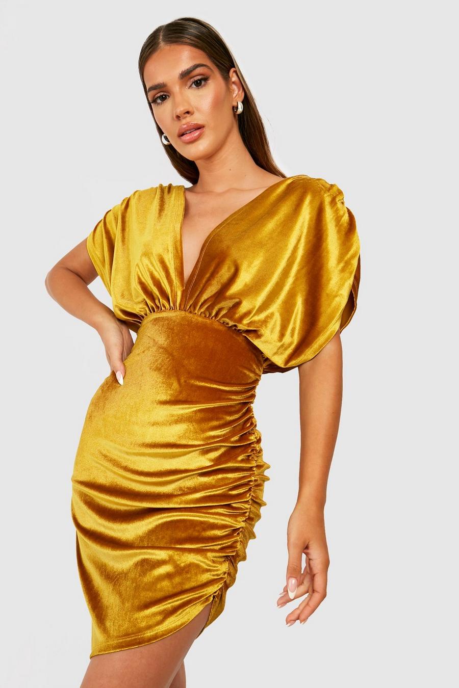 Mustard Velvet Plunge Midi Dress image number 1