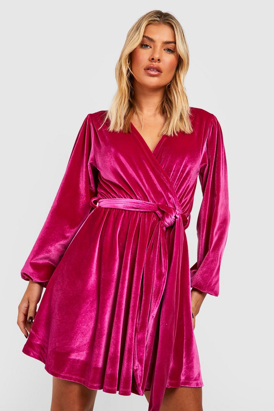Hot pink Velvet Plunge Wrap Skater Party Dress image number 1