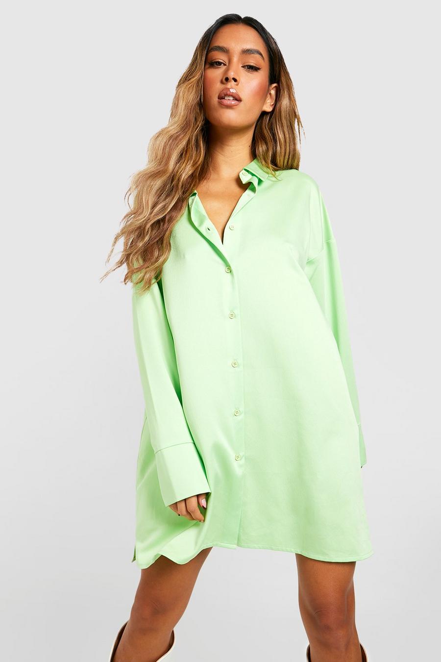 Lime Satin Extreme Oversized Shirt Dress image number 1