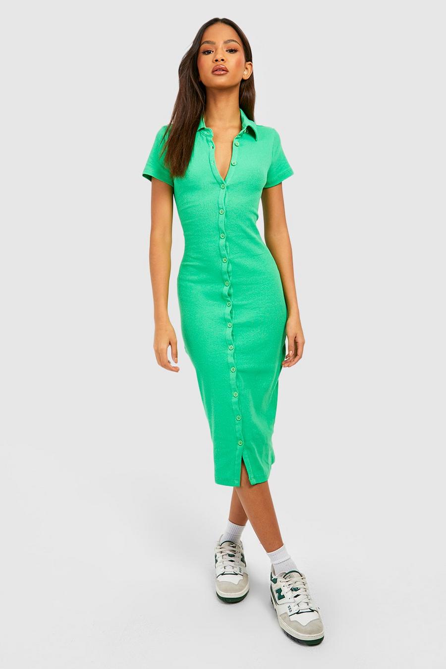 Green Recycled Rib Button Through Midi Dress